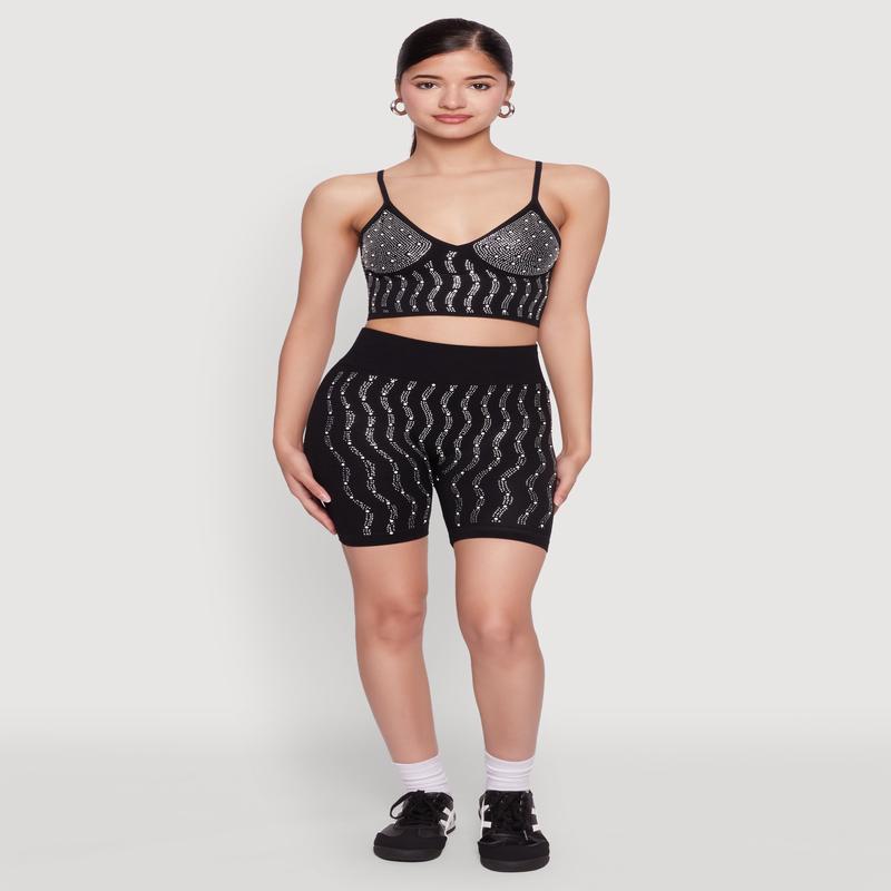 Seamless Rhinestone Faux Pearl Biker Shorts