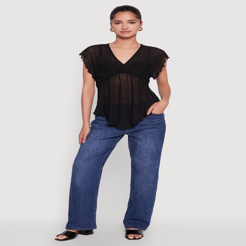 V Neck Lettuce Edge Hanky Hem Blouse