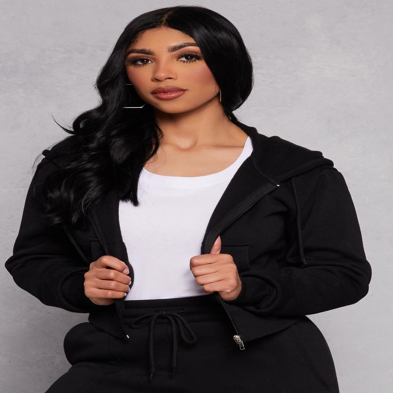 Fleece Zip Front Cropped Hoodie
