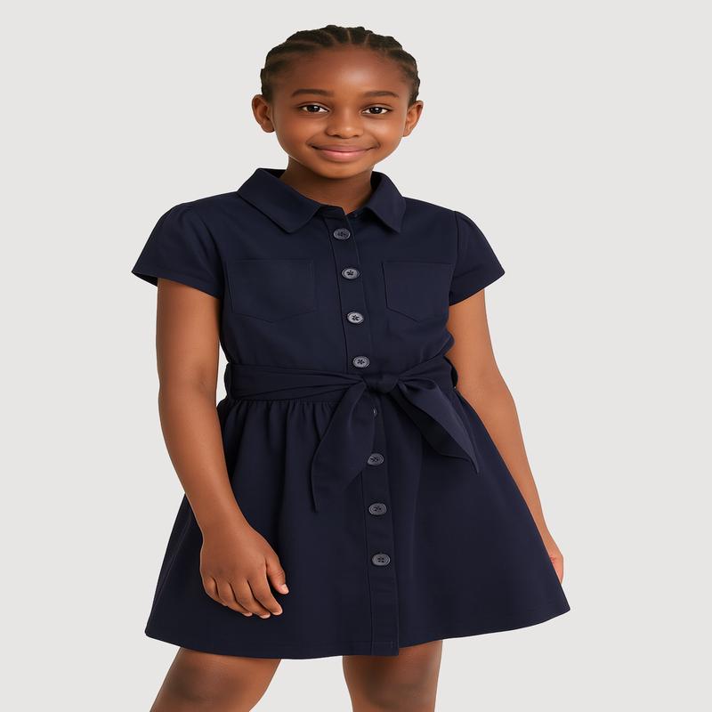 French Toast Girls 7-14 Twill Button Front Tie Waist Dress