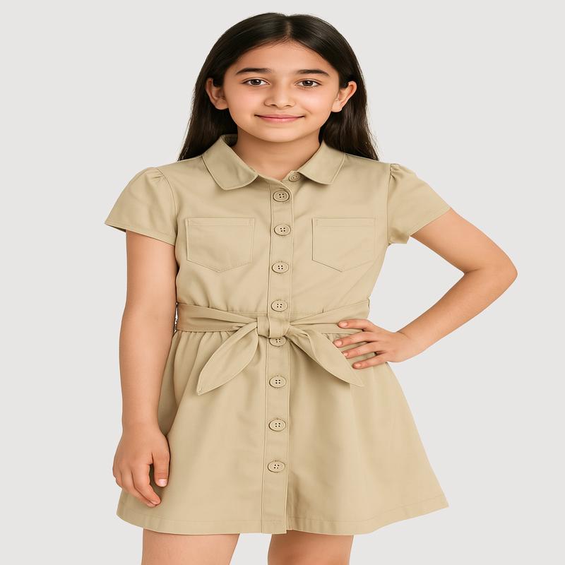 French Toast Girls 7-14 Twill Tie Waist Button Front Dress