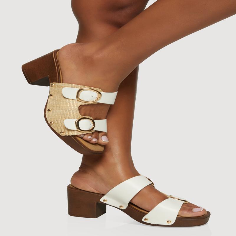 Metallic Buckle Double Banded Open Toe Block Heels