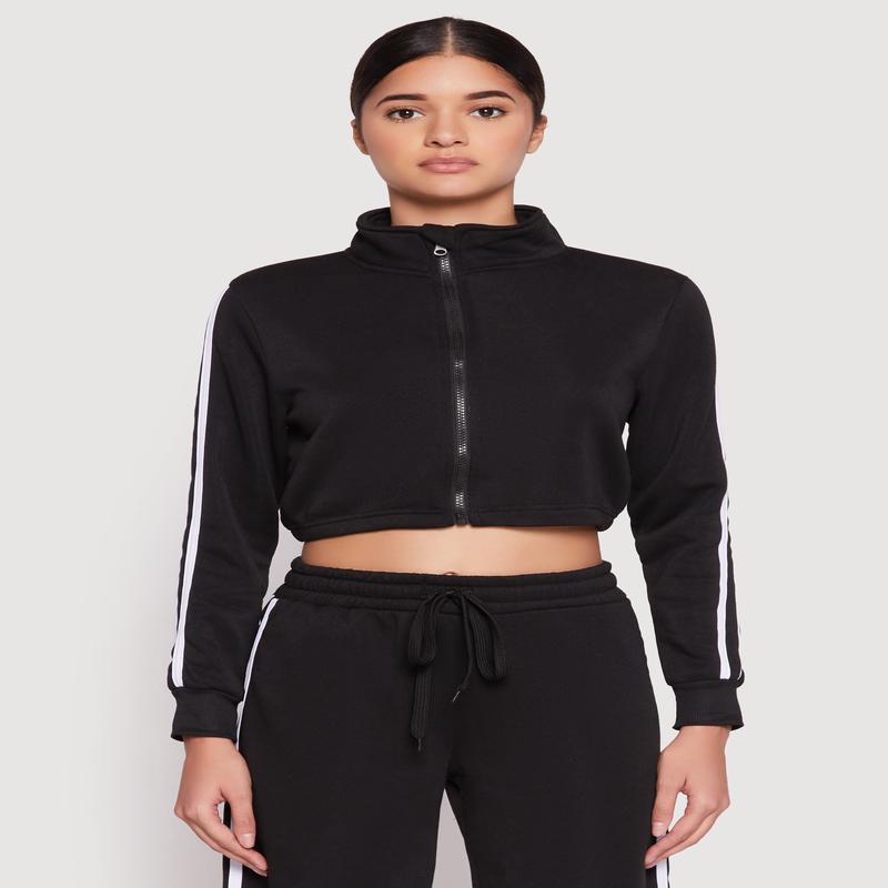 Varsity Stripe Zip Front Cropped Sweatshirt