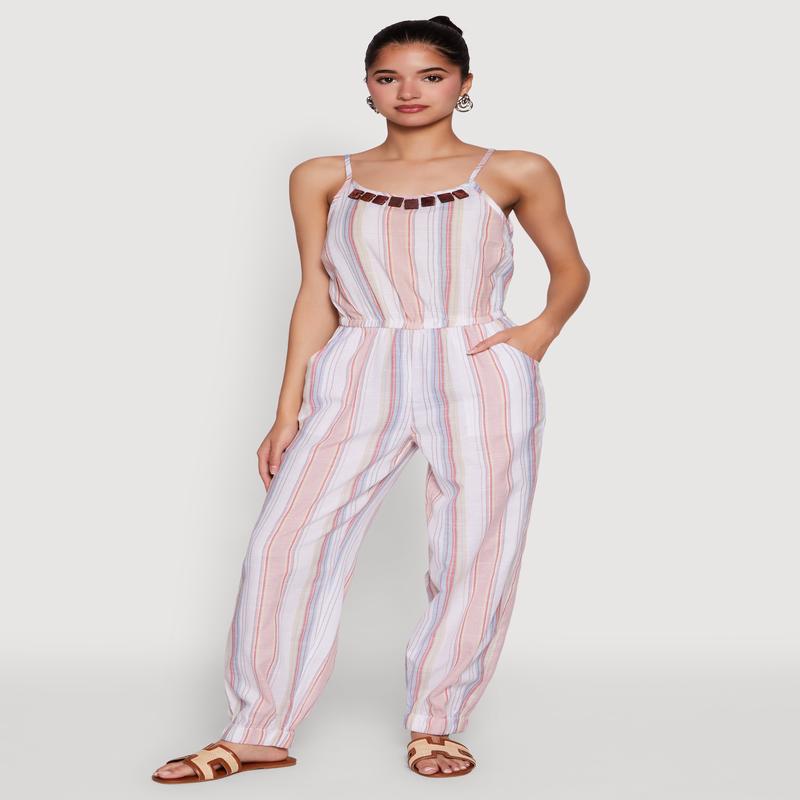 Wooden Beaded Scoop Neck Striped Jumpsuit