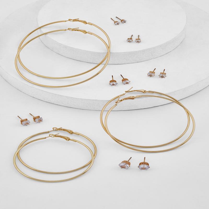 Metallic Hoop and Cubic Zirconia Stud Earrings Set of 9