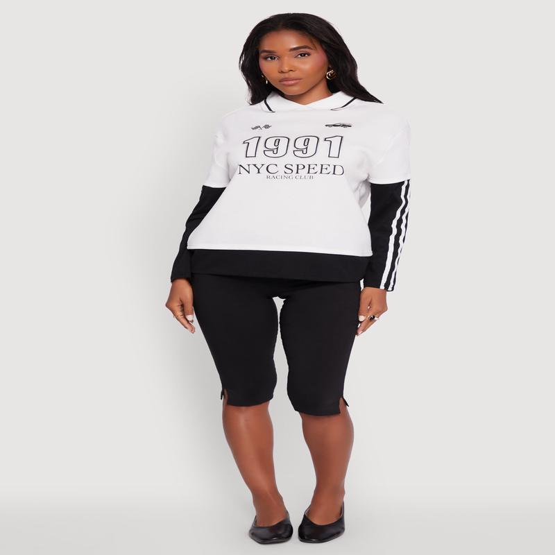 Varsity Stripe Foil Screen Graphic Layered Look Sweatshirt