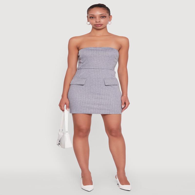 Pinstripe Pocket Detail Strapless Mini Dress