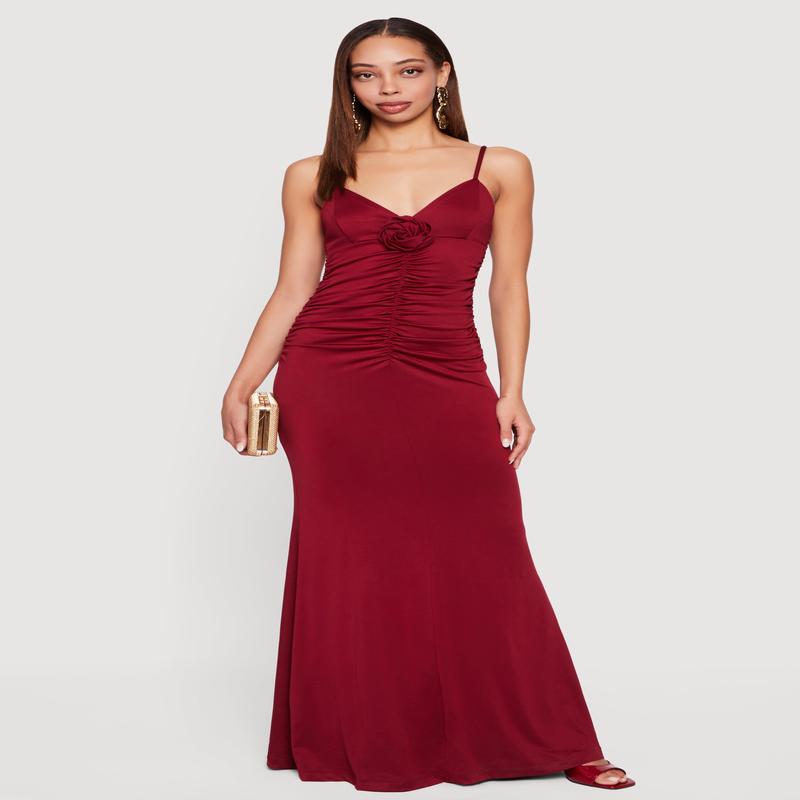 Rosette Ruched Sleeveless Maxi Dress