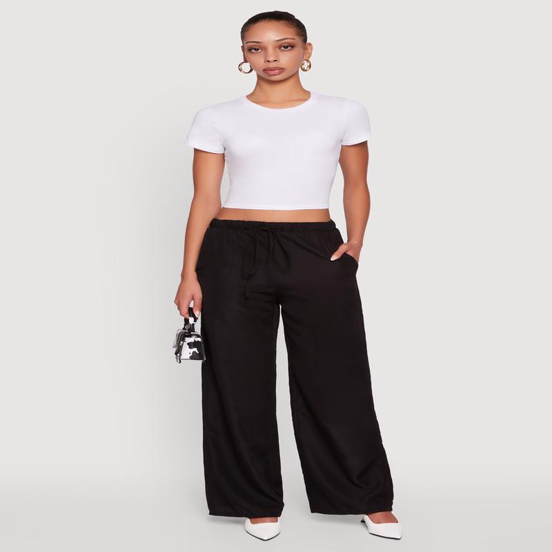 Solid Drawstring Waist Wide Leg Pants
