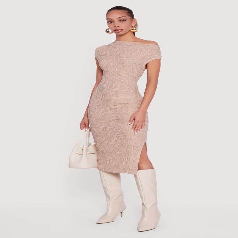 Textured Knit One Shoulder Midi Dress