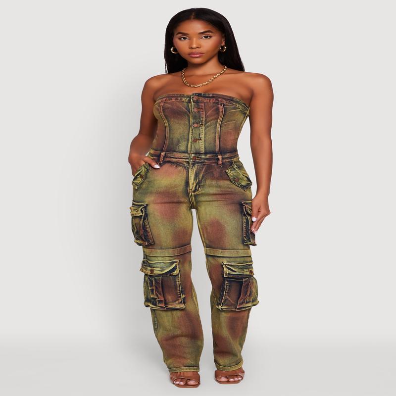 Tie Dye Acid Wash Denim Utility Tube Jumpsuit
