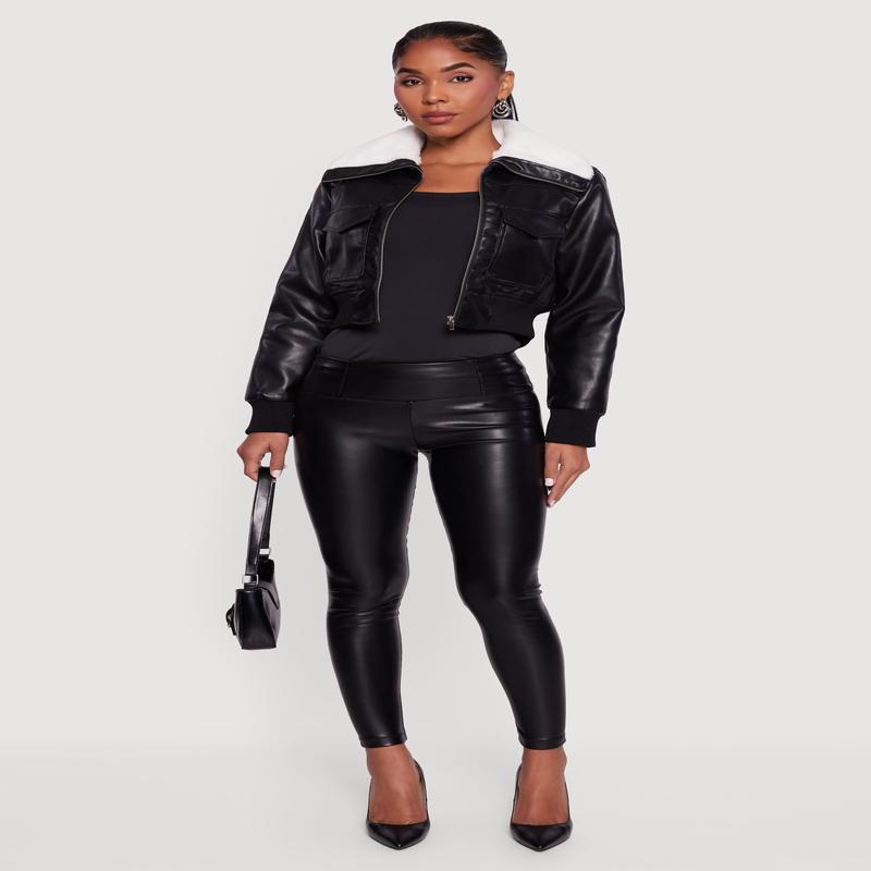 Faux Fur Collar Cropped Faux Leather Jacket
