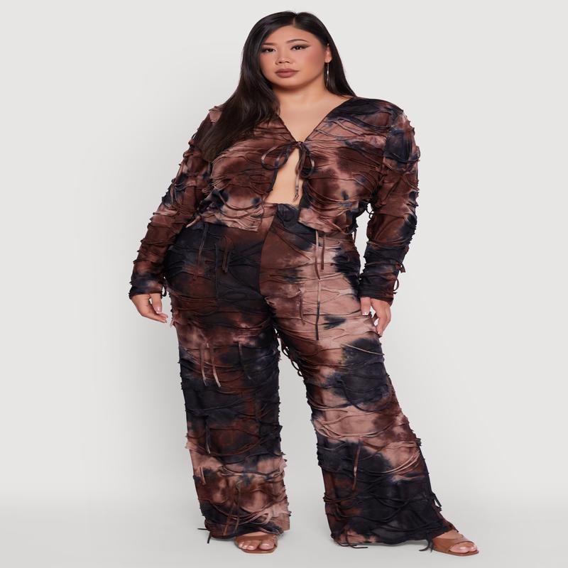 Plus Size Tie Dye Slashed Flare Pants