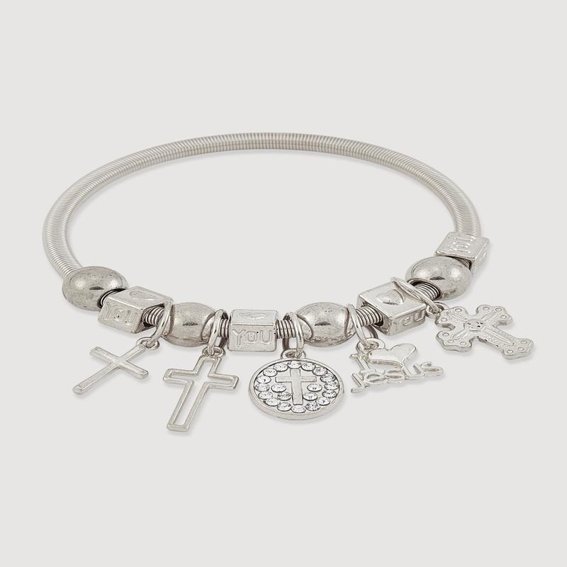 Rhinestone Cross Charm Stretch Bracelet