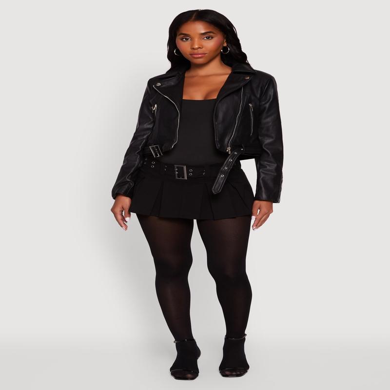 Cropped Faux Leather Belted Front Moto Jacket