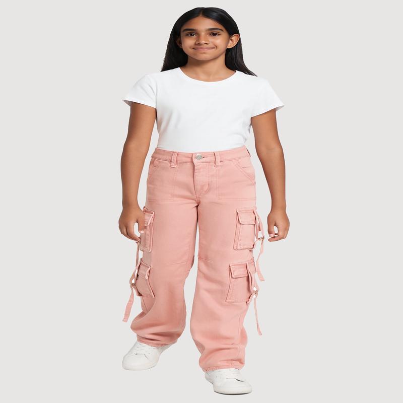 Girls Acid Wash Straight Leg Cargo Pocket Jeans