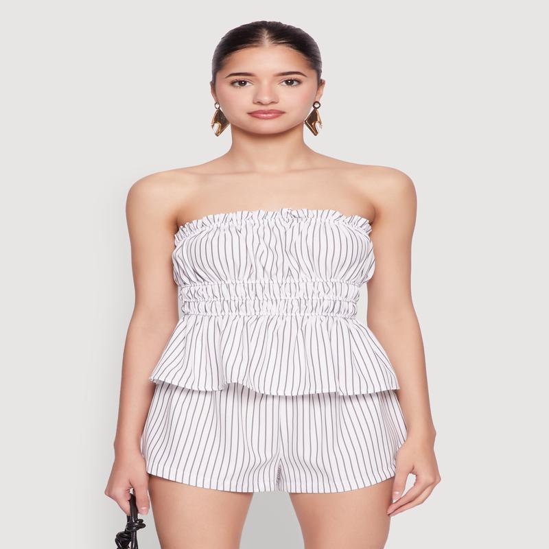Haute Monde Smocked Pinstripe Peplum Top