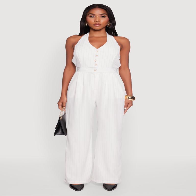 Pinstripe Button Front Halter Jumpsuit