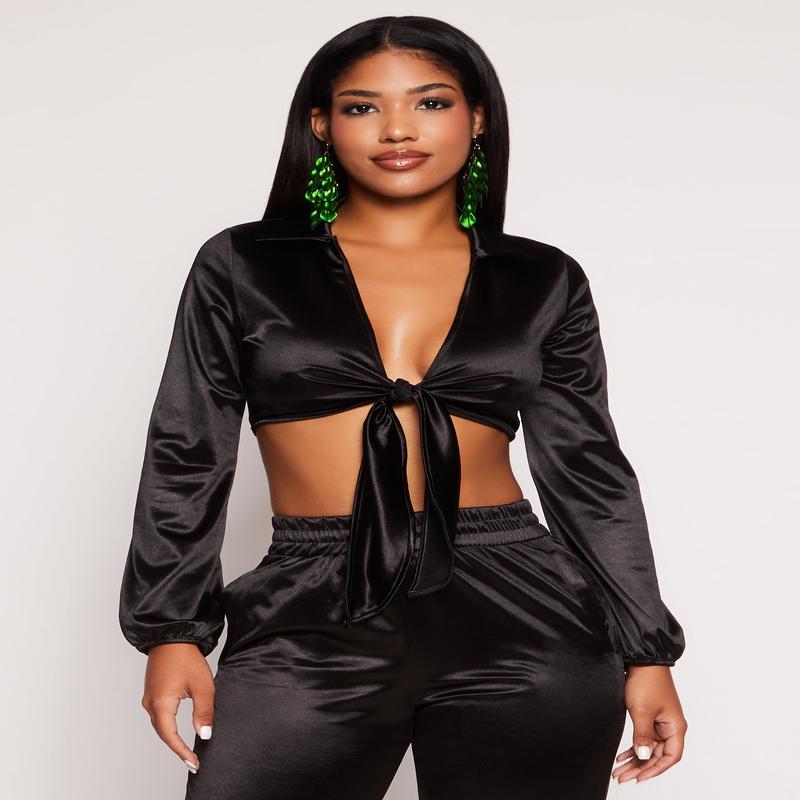 Satin Tie Front Long Sleeve Crop Top
