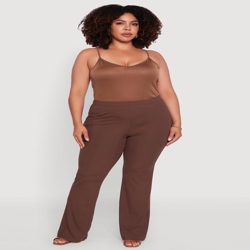 Plus Size Rib Knit High Waisted Pull On Flare Pants