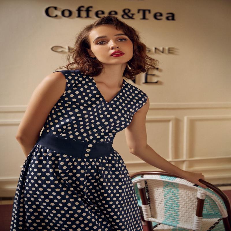 Navy Blue White Polka Dot Swing Dress