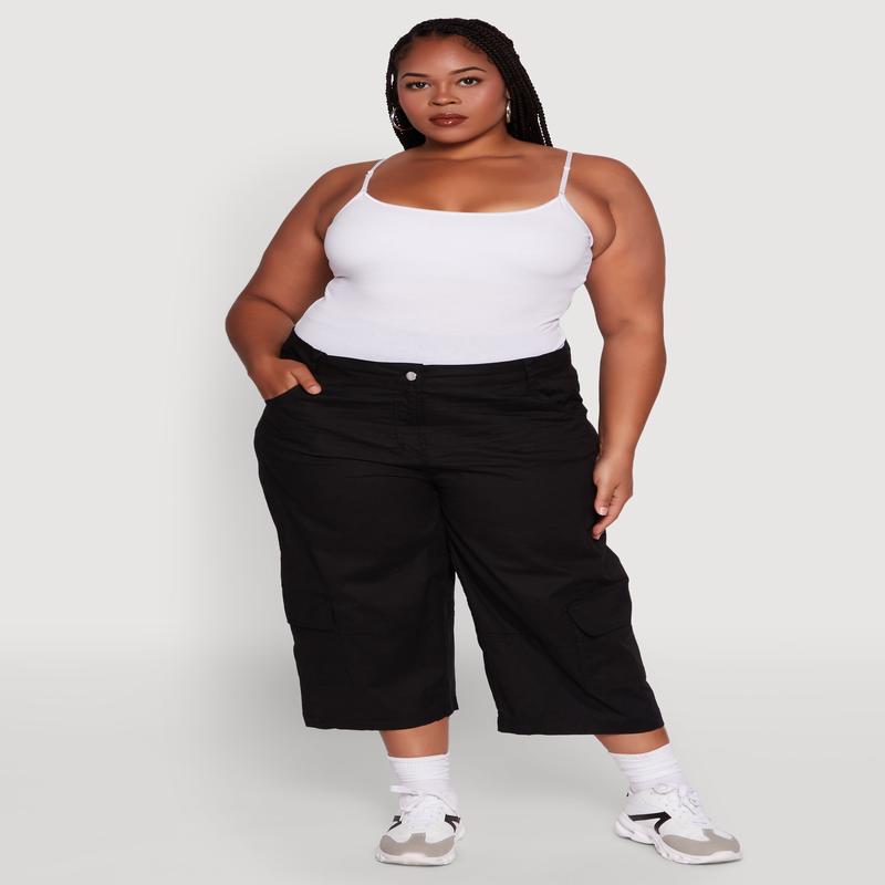 Plus Size Poplin High Waisted Cargo Capris