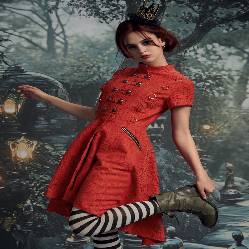 Red Jacquard Battalion Swing Dress