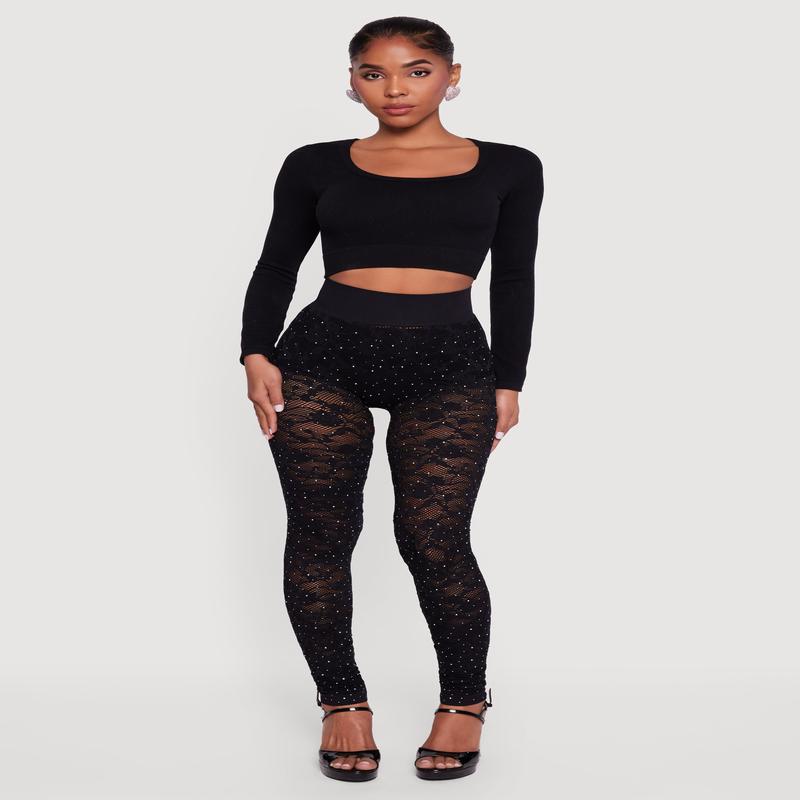 Rhinestone Laser Cut High Waisted Leggings