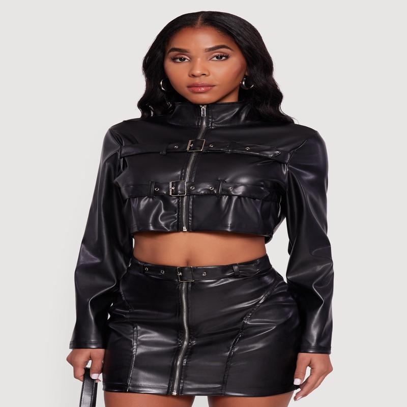 Faux Leather Cropped Moto Jacket with Buckles