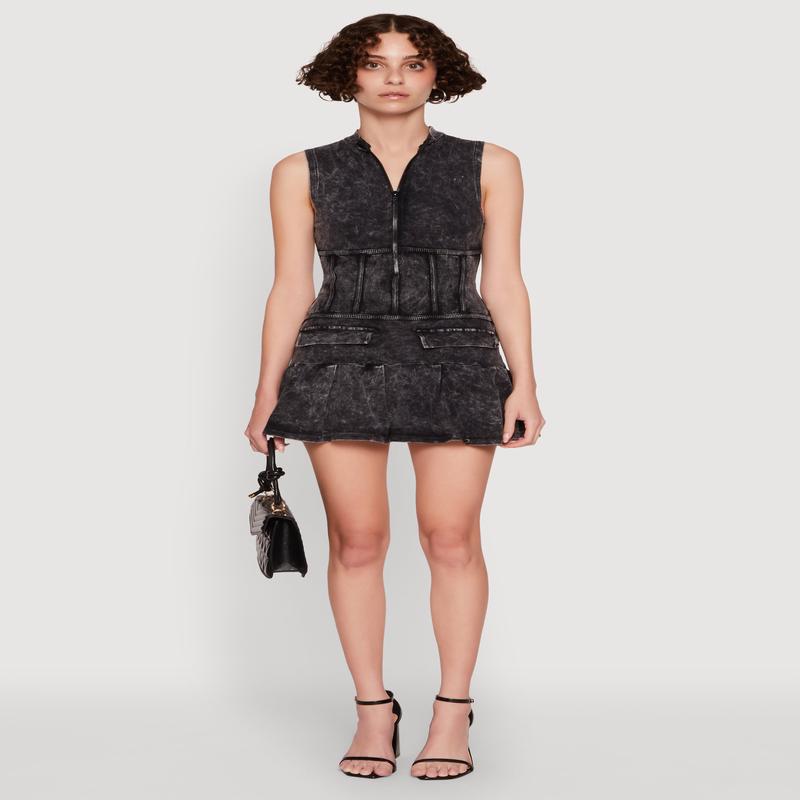 Acid Wash Zip Front Corset Mini Dress