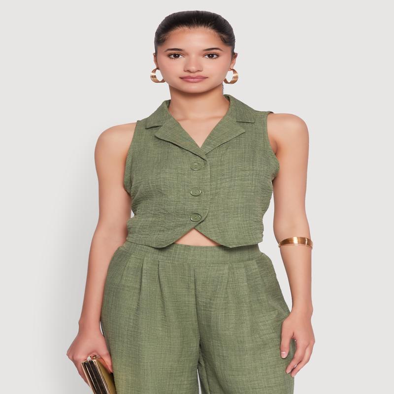 Collared Button Front Cropped Blazer Vest