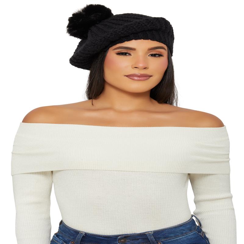 Faux Fur Pom Pom Knit Beret