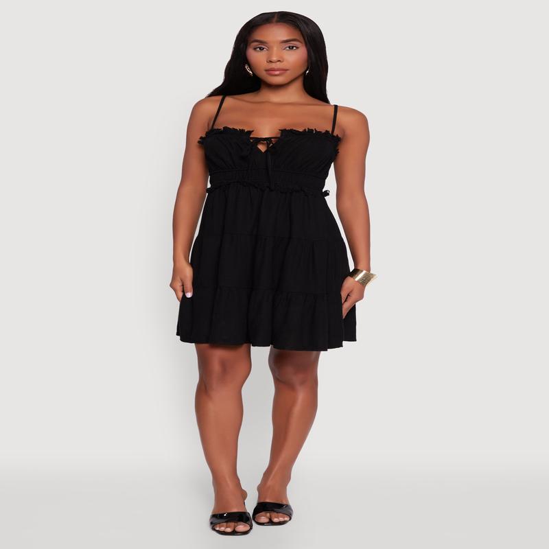 Haute Monde Linen Sleeveless Tiered Dress with Frayed Detail