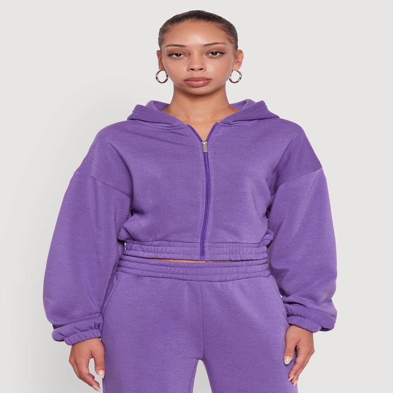 Long Sleeve Zip Front Elastic Hem Hoodie