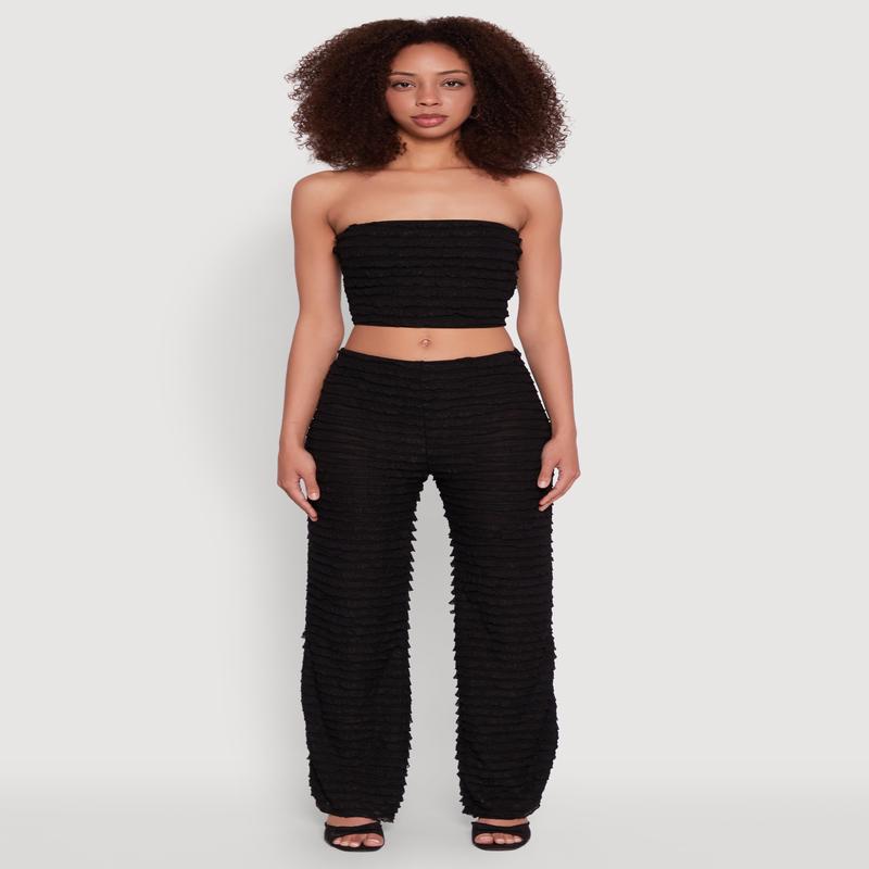 Mesh Lettuce Edge Ruffle Casual Straight Pants