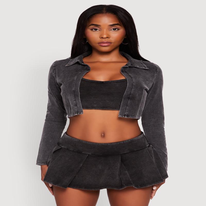 Acid Wash Cropped Rib Knit Cami with Long Sleeve Jacket
