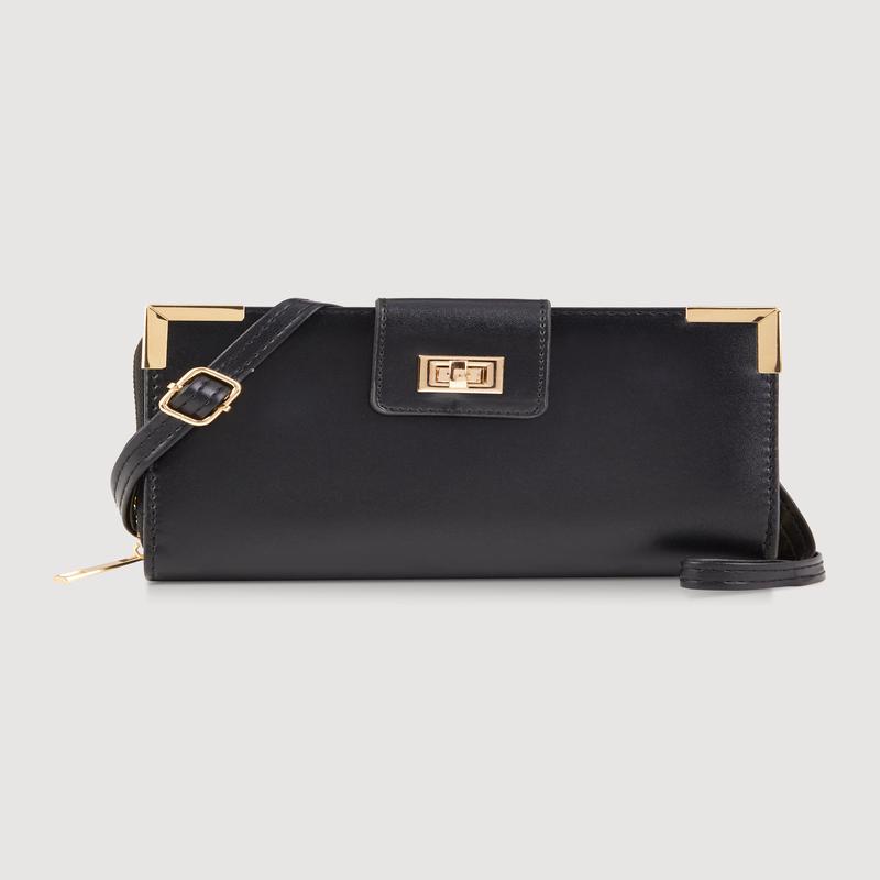 Chic Metallic Detail Faux Leather Crossbody Double Zip Wallet