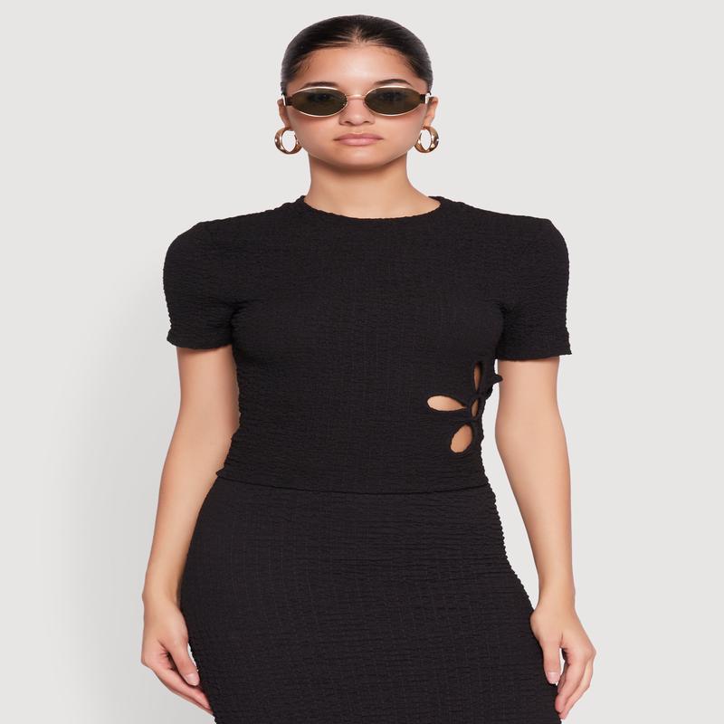 Flower Cut Out Textured Knit Top