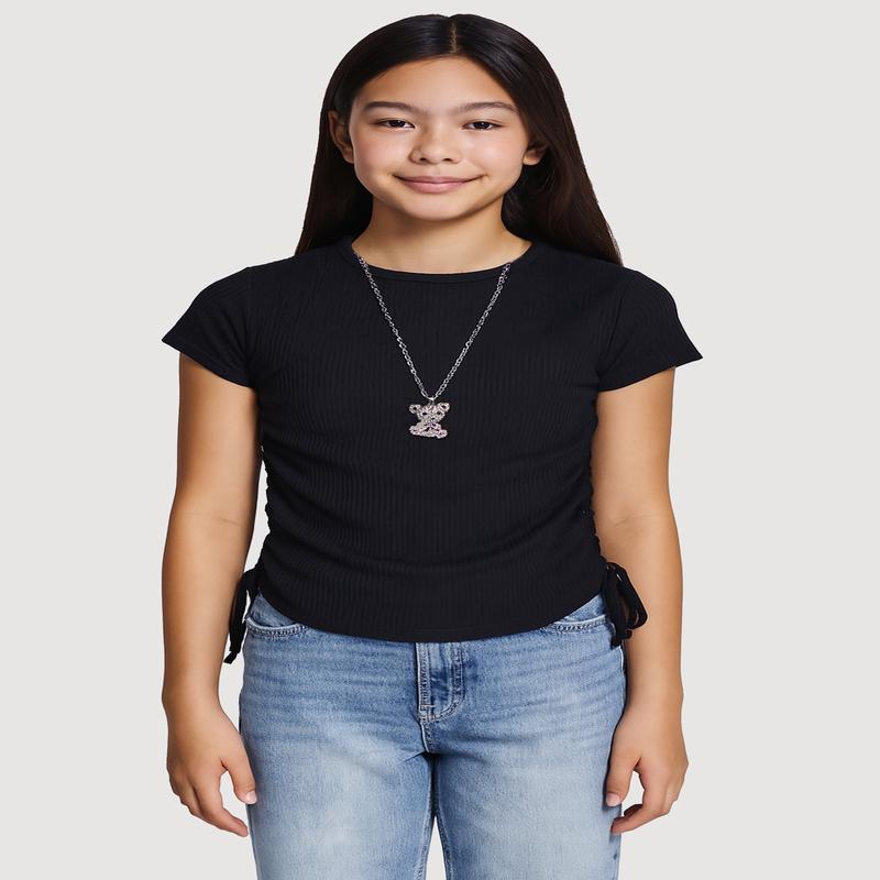 Girls Trendy Rib Knit Tee with Bear Chain Necklace