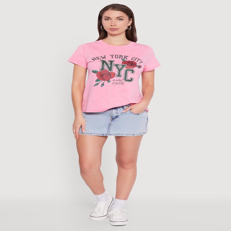 NYC Graphic Rose Print Acid Wash Classic Tee