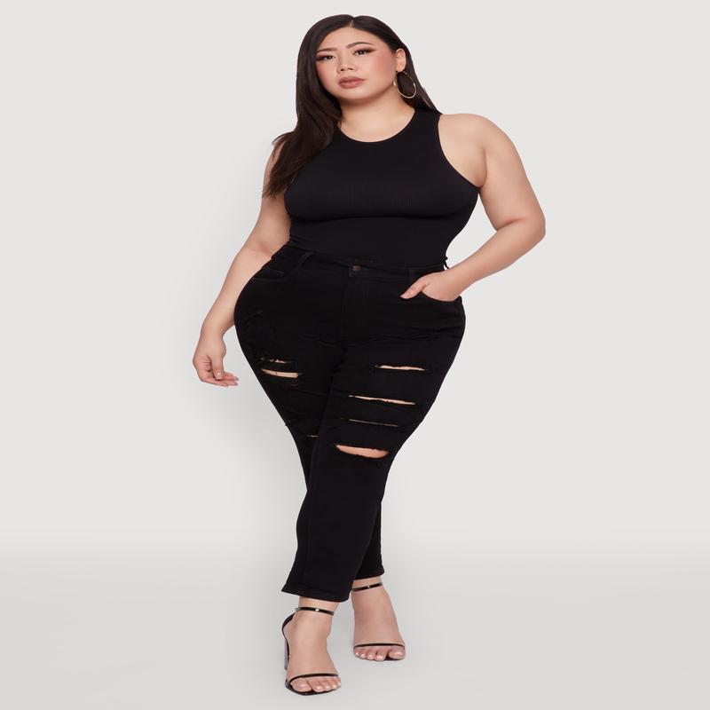 Plus Size WAX High Waist Whiskered Distressed Jeans