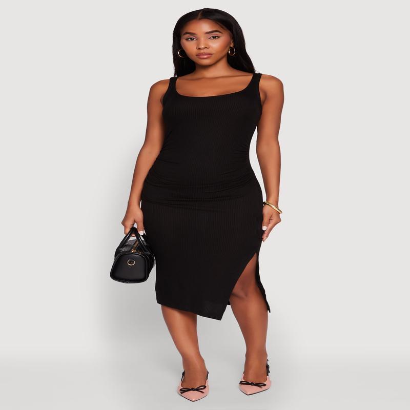 Rib Knit Side Slit Ruched Side Midi Dress
