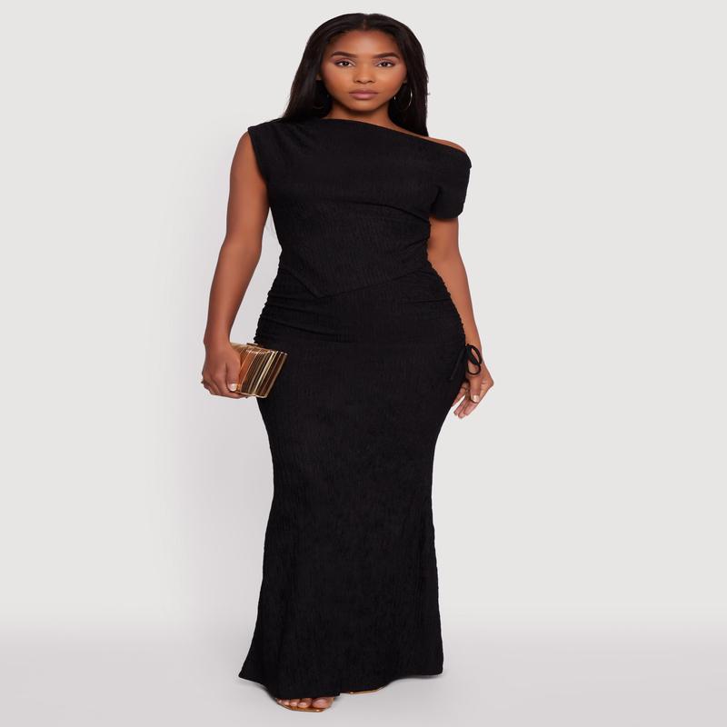 Trendy Solid Textured Knit High Waisted Maxi Skirt