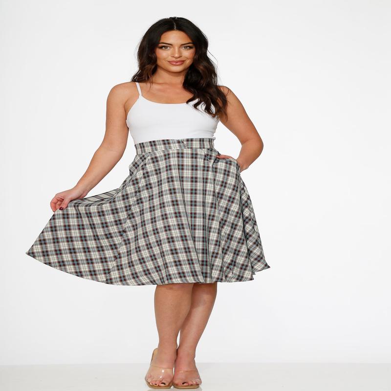 White & Brown Plaid Swing Skirt