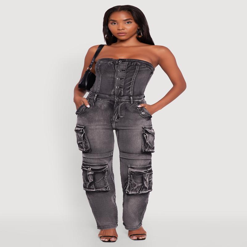 Acid Wash Denim Jumpsuit with Cargo Pockets
