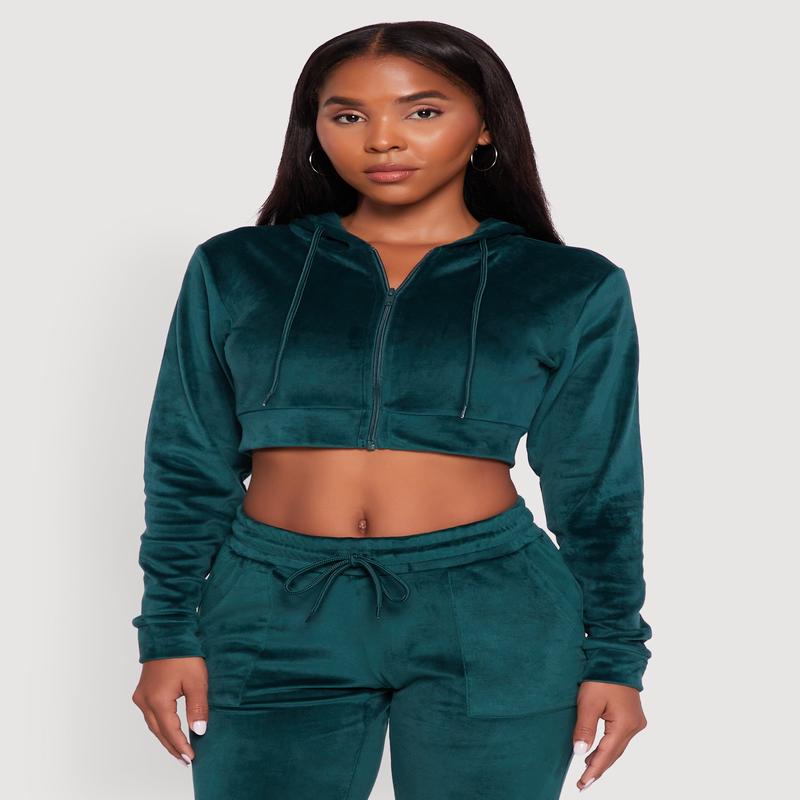 Velour Cropped Hooded Sweatshirt