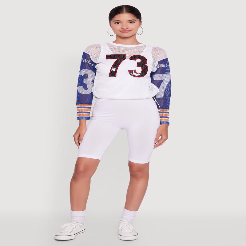 Number Sequin Fishnet Graphic Print Long Sleeve Top