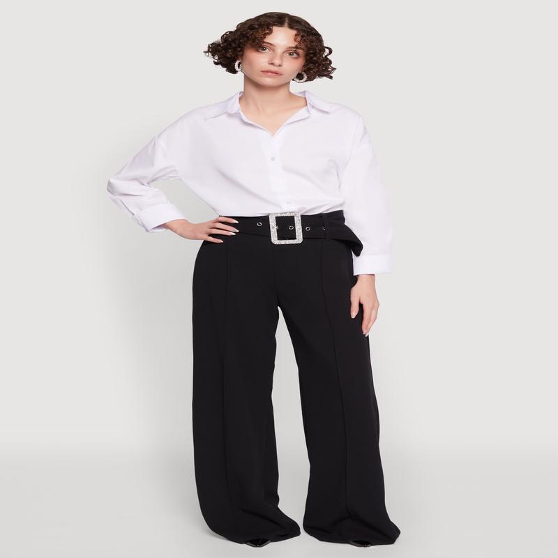 Trendy High Waisted Rhinestone Belted Palazzo Pants