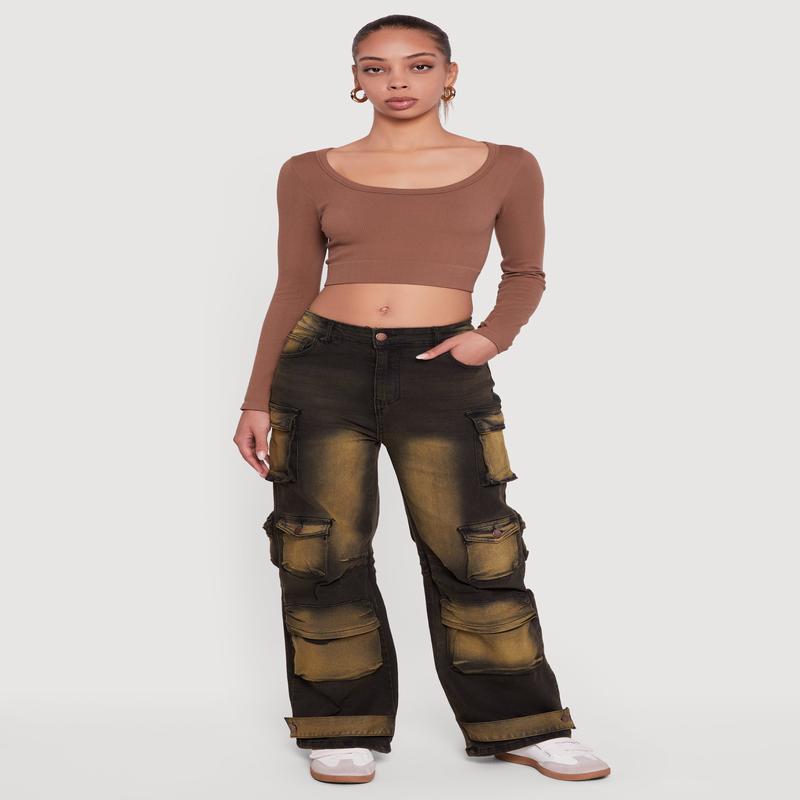 Whiskered Mid Rise Wide Leg Cargo Pocket Jeans