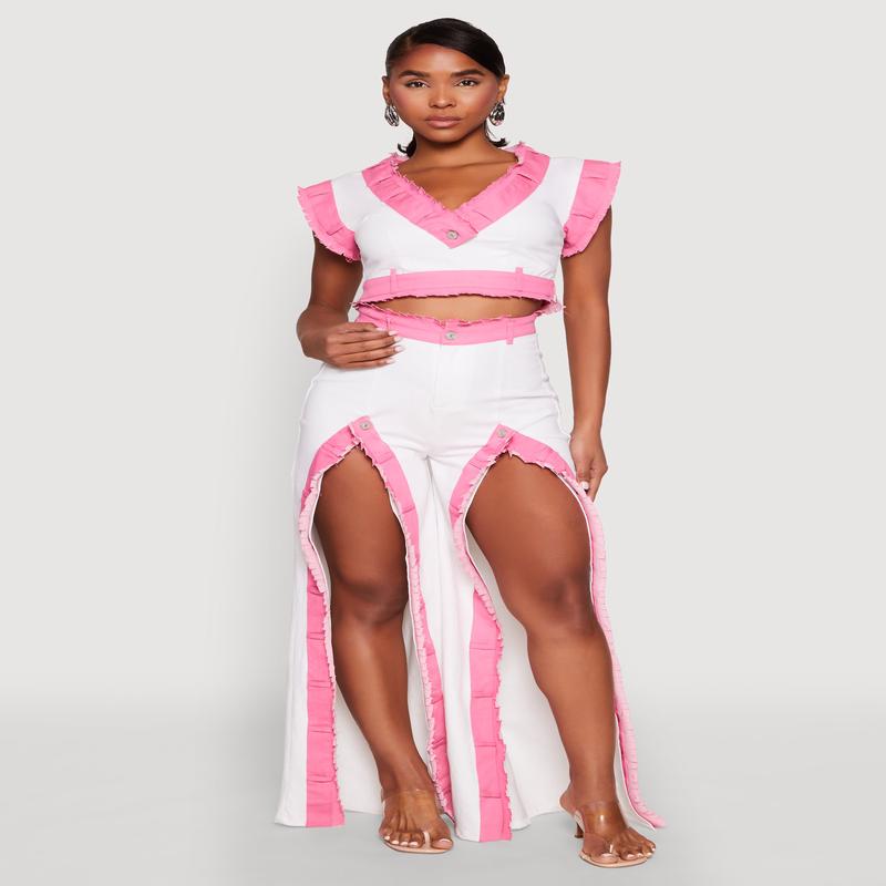 Contrast Trim High Slit Front Jeans